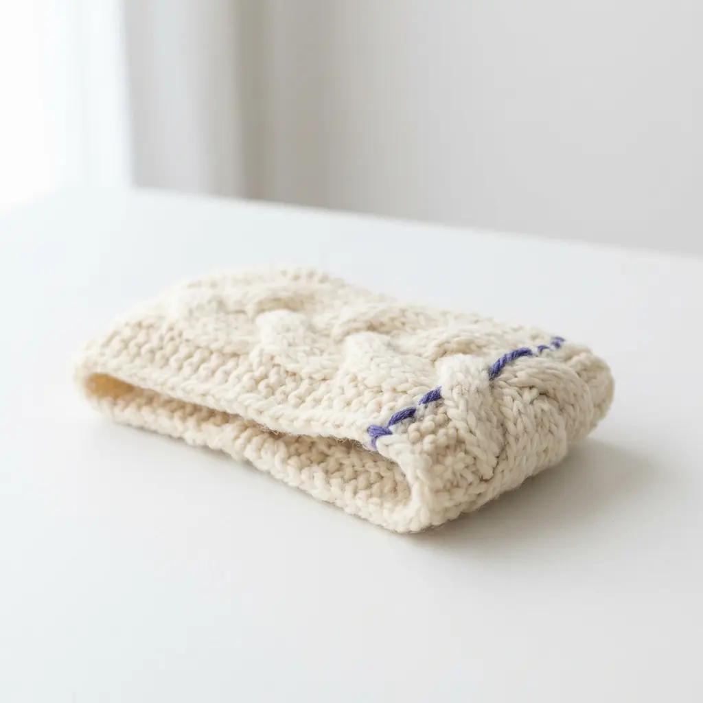 Bandeau tricoté beige avec broderie violette, idéal pour les jours froids.