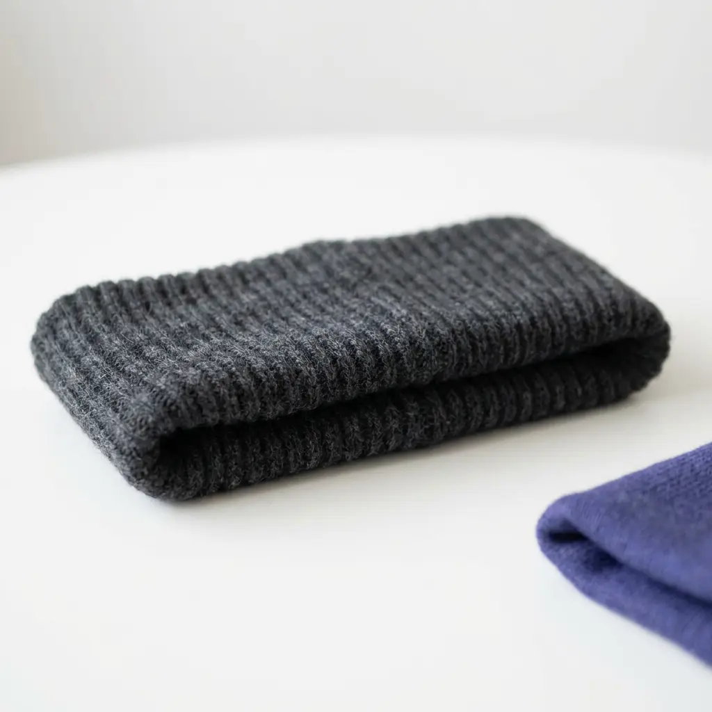 Un bandeau cache-oreilles gris anthracite et une pièce bleue en maille, posés côte à côte sur une table blanche