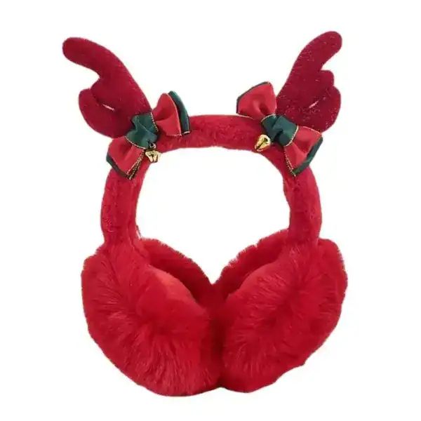 Cache Oreille Rouge avec cornes de renne et nœuds décoratifs.