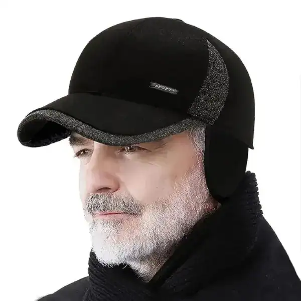 Casquette polaire avec cache oreille noir, protection contre le froid, style sportif.